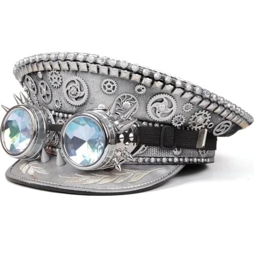 Luxury Women Men Military Hat With Steampunk Glasses Silver Stud Police Sergeant Hat Performance Captain Hat FestivalPart Hat