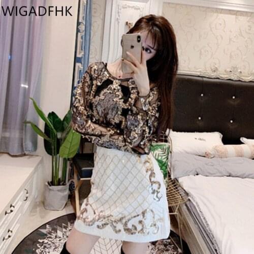 Luxury Womens Crystal Sequin Embroidery Shirt Lace Geometric Heavy Bead Shirt Sexy Blusas Camisa Clubs Hollow Tops 2021 Autumn