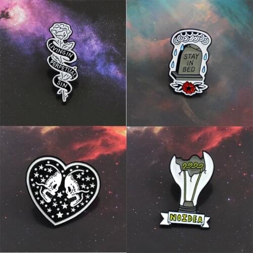 Rose Bulb Tombstone Skeleton Love Brooch Living in perpetual sin Stars Love Skull Noidea Stay in bed Enamel Pin Friend Gifts