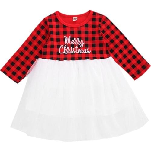 Christmas Girls Fashion Mesh Yarn Stitching Dress Long Sleeve Fresh Plaid and Letter Round Neck Tutu Dress Party Gown