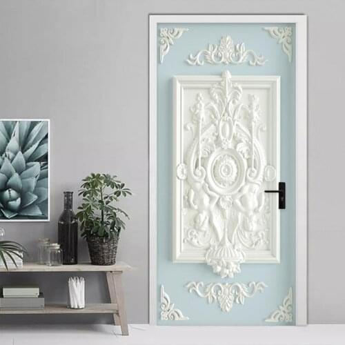 PVC Self-Adhesive Waterproof Door Sticker 3D Stereo White Gypsum Wallpaper Living Room Kitchen Door Poster Home Design Stickers