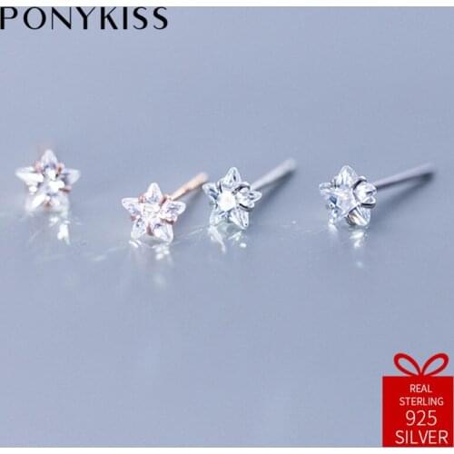 PONYKISS Trendy 100% 925 Sterling Silver Chic Zircon Star Stud Earrings Women Party Delicate Accessory Girl Birthday Cute Gift