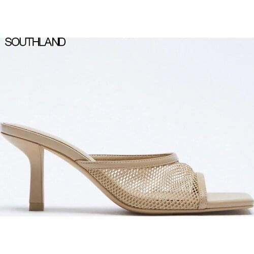 SOUTHLAND HIGH HEEL MESH SANDALS BLACK MID-HEEL SANDALS. MESH UPPER. LINED HEEL. SQUARE TOE