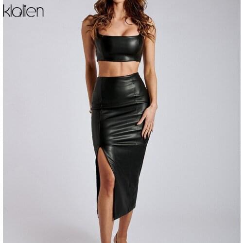 KLALIEN Fashion Sexy PU Leather Camisole and Split Skirt Two Piece Set For Women Autumn New Beach Club Streetwear Skirt Set