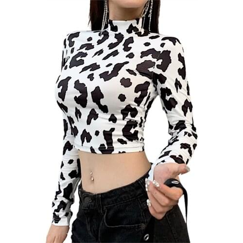 Women Sexy Crop Top Long Sleeve Turtleneck Slim Fit Leopard Print Short Blouse Femme Tees Top Clothing