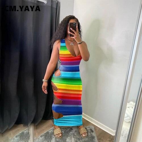CM.YAYA Women Long Dress Rainbow Striped Print Sleeveless V-neck Hole Bodycon Maxi Dresses Sexy Night Clubwear Summer Outfits