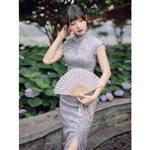 2021 Summer New Womens Retro Chinese Style Beaded Decoration Is Thin Side Slit Embroidery Lace Stitching Mid-Length Dress