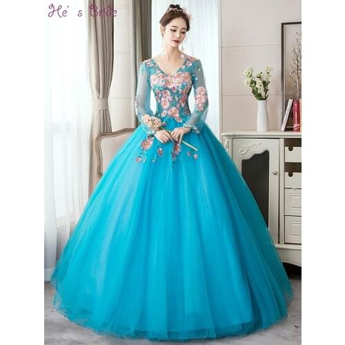 Hes Bride Luxury Evening Dresse New Peacock Blue Long Sleeves Embroidery Appliques Floor-length Party Ball Gowns Robe De Soiree