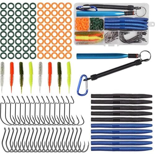134pcs/Box Wacky Worm Hooks Soft Plastic Lures O-Rings Soft Stick Baits For Wacky Rig Bass Fishing
