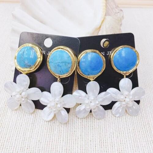 2020 Fashion Turquoise Handmade Natural Shell Elegant Flower Woman Earring Dangle Earring 3Pairs 24K Gold