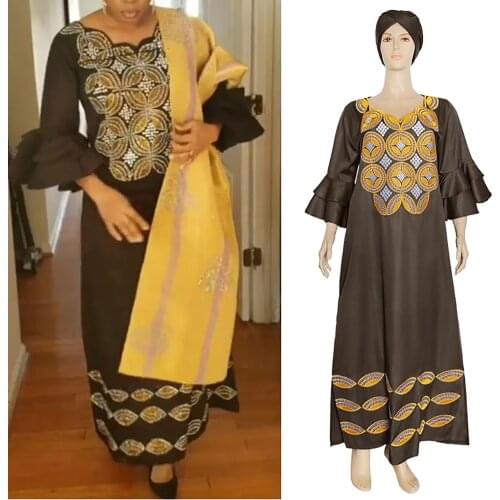H&D African Dress For Women Plus Size Dresses With Head Wraps Womens Embroidered Maxi Dress 2021 Dashiki African Clothes S3314