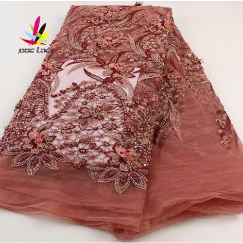 Handmade Beading Bridal Lace Fabric African Nigerian 2019 Heavy Beaded Beige Color Sequence Embroidery Big High Quality