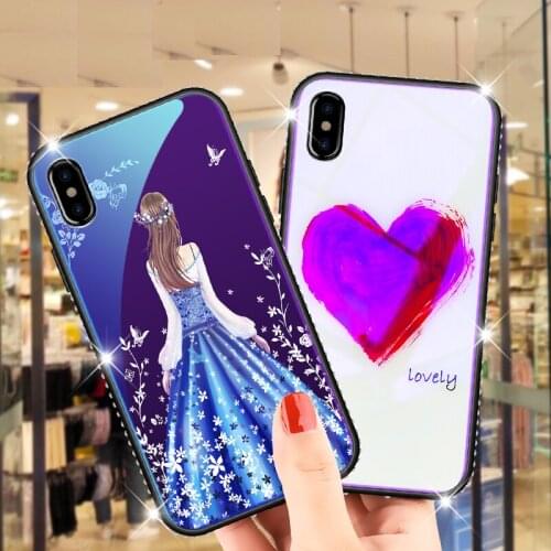 Glitter Glass Termpered Back Cover Phone Case+Strap For iPhone X XS Max XR,For 5S 6 6S 7 8 Plus,VIVO Y85 Y79 Y75 Y67 Y66 Y55