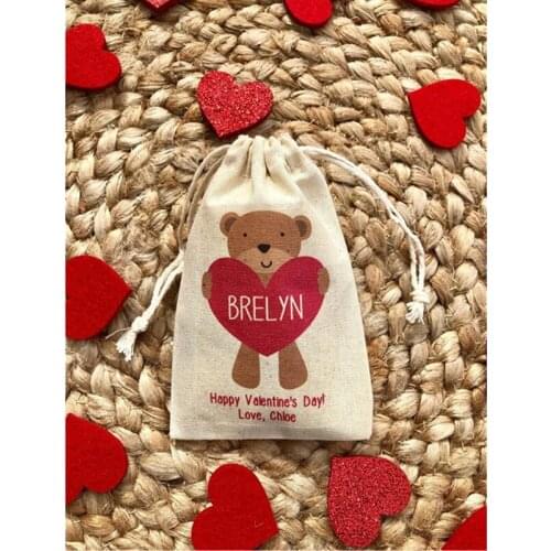 Kids Valentines Day Party Favor Bag personalized Bear party cotton Treat BagsValentine welcome bags birthday drawstring bag