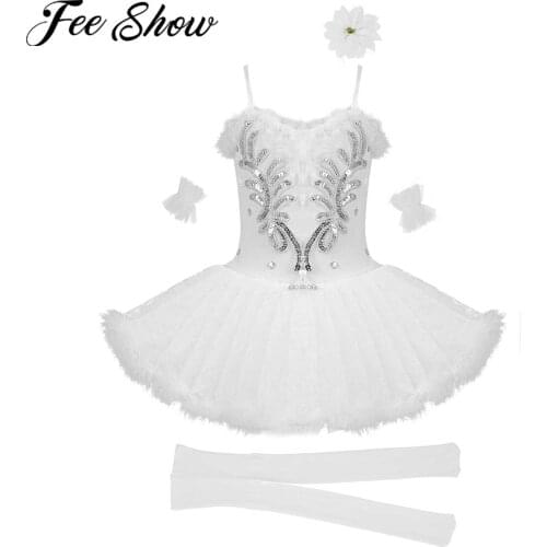 Kids Sequins White Swan Lake Ballet Dance Costumes Girls Professional Ballet Tutu Dress Dancewear Set Ballerina Party Dress