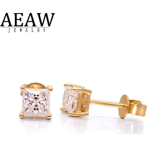 DF Color Princess Brilliant Cut 1.6ctw 0.8carat 5mm Moissanite Stud Earring Screw Back Solid Real 14k Yellow Gold For Women Gift