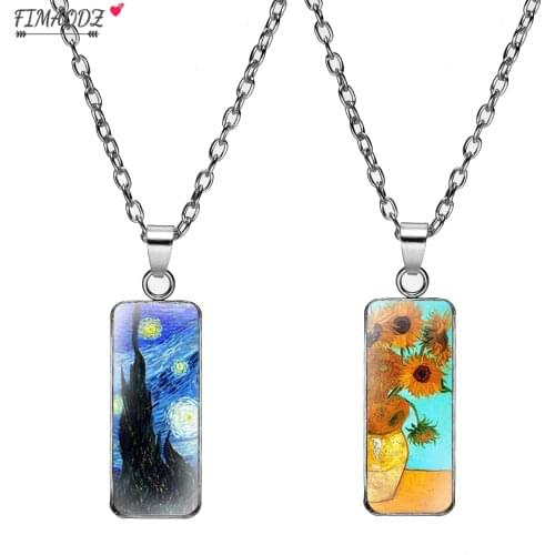 FIMAODZ Van Gogh Painting Necklace Starry Night Sunflower Flower Flowers Glass Dome Pendant Chain Necklaces for Men Women