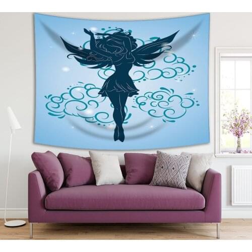 Tapestry Fairy Girl with Wings Flying Dancing on Clouds Silhouette Imagination Blue and Black Artwork Print