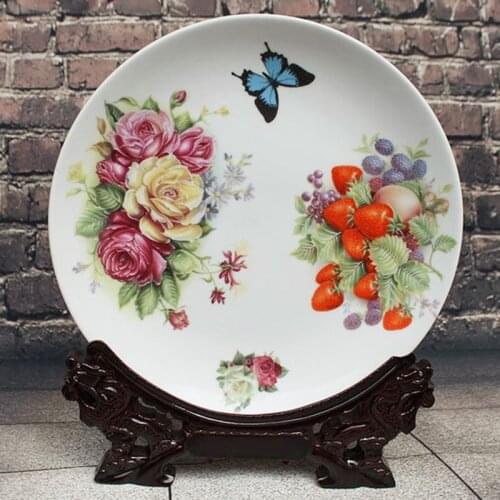 Ceramic Porcelain Decoration Plate Artistic Collection with Flowers and Fruit Painting for Chinese Style Home Decoration