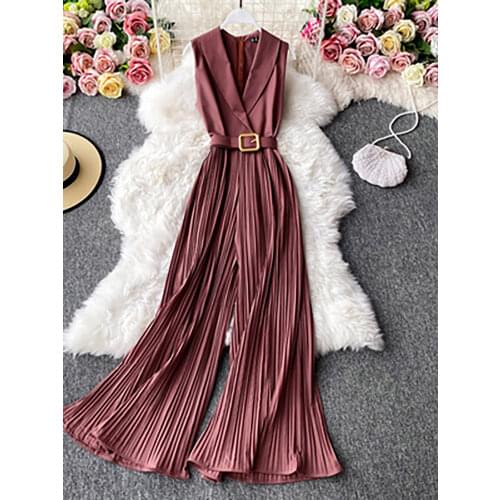 Vintage Notched Collar Draped Rompers For Women Casual Sleeveless High Waist Wide Leg Playsuits Female Beige/Green Jumpsuit 2020