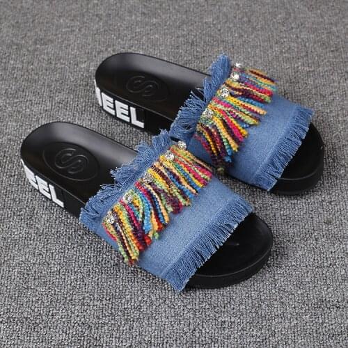 New Summer Colorful Fringed Leather Flat Heel Open Toe Slip Shoes Ladies Casual Slipper 2020 Woman Leisure Footwear Cheap