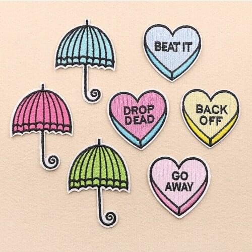 New Umbrella Iron on Heart Patches for Clothes Embroidery Applique Love Letter Patch Jeans DIY Iron Sticker for Clothing