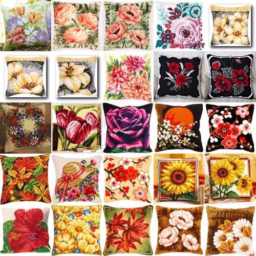 NEW flowers 04 NEW DIY Needlework Kit Acrylic Yarn Embroidery Pillow Tapestry Canvas Cushion Front Cross Stitch Pillowcase