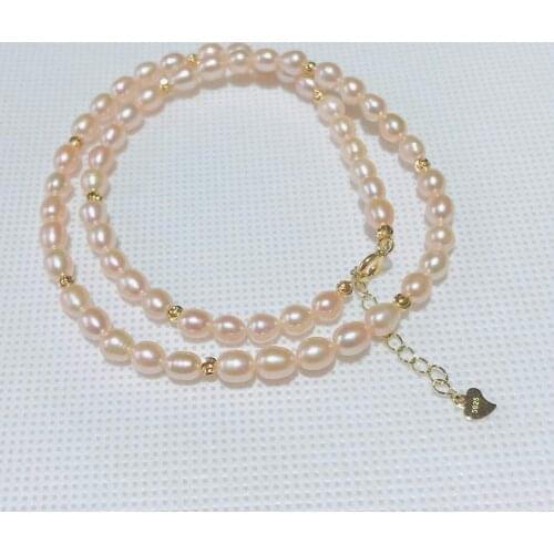 New fashion simple natural freshwater AAA pearl Light purple pink rice shape 5-6 mm pearl necklace,Tibetan silver clasp