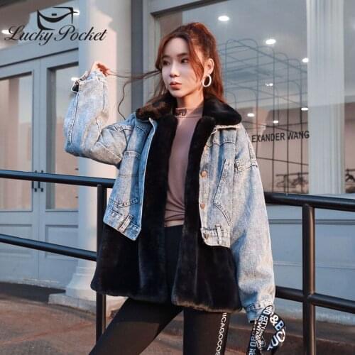 Women Winter Hit Color Denim Spliced Fashion Designed Loose Hooded Fur Leather Female High Street Brand Coat Ladies Coats ML1059