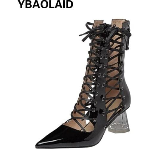 Crystal Thick-heeled Cross Strap Roman Sandals New Autumn Style Pointed Back Zipper Sexy Patent Leather Hollow High-top Boots