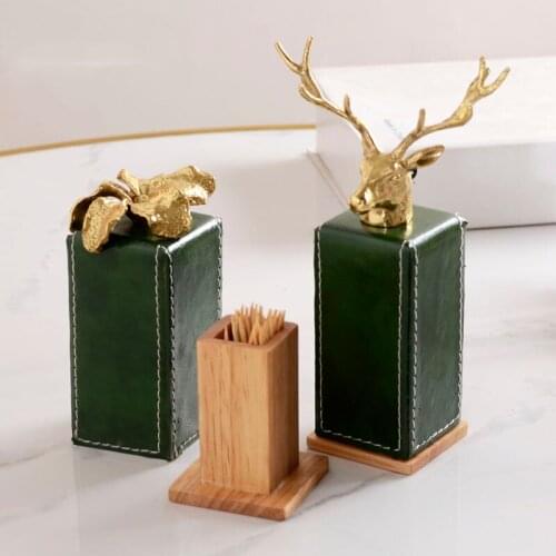 Green Leather Toothpick Box With Gold Brass Deer Flower Head Statue Dining Room Desktop Decor Ornament Wooden Toothpick Holder