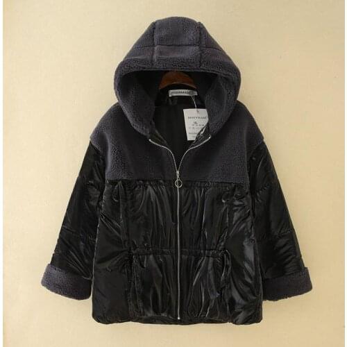Womens Clothing Parkas Plus Size Autumn/Winter Padded Jacket Hooded Loose Fleece Splice Shiny Fabrics Warm Coat
