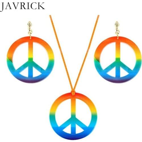 Hippie Costume Jewelry Set 60s 70s Rainbow Peace Sign Pendant Necklace Earrings Personality Decoration Birthday Gift