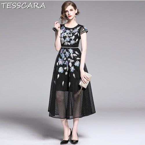 TESSCARA Women Summer Luxury Embroidery Mesh Dress Festa Female High Quality Office Party Robe Femme Floral Designer Vestidos