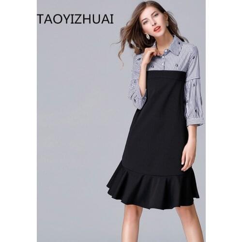 TAOYIZHUAI 2019 New Arrival Autumn High Street Style Plus Size Pattern Turn Down Collar Empire Women Spliced Stripe Dress 14090