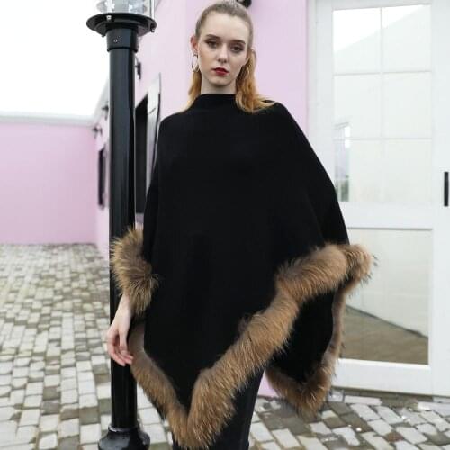 Women Wool Cape Pullover Fur Coat Poncho With Real Raccoon Fur Streetwear Oversize Winter Knitted Sweater