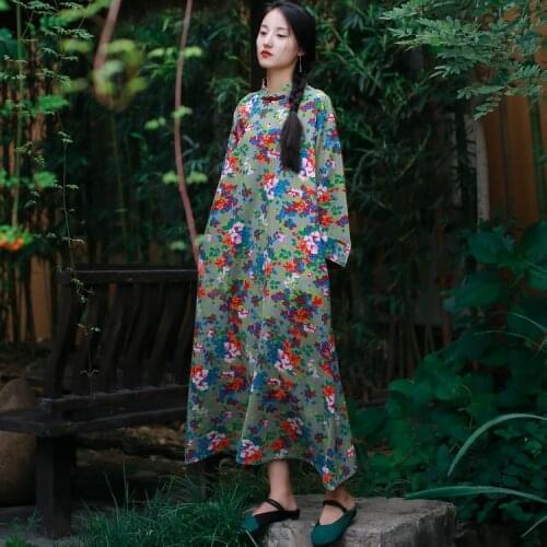 Preppy Beautiful Green Floral Long Stand Collar A Line Women Cotton Linen Dress, Summer Flower Young Lady Vintage Robe Dresses