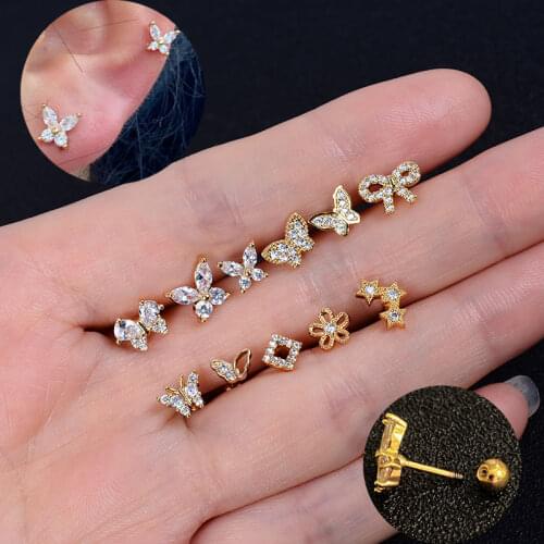 1Pcs New Trendy Minimalist Mini Small Star butterfly Flower Square Crystal CZ Stud Earrings For Women Student Teen Jewelry Gift