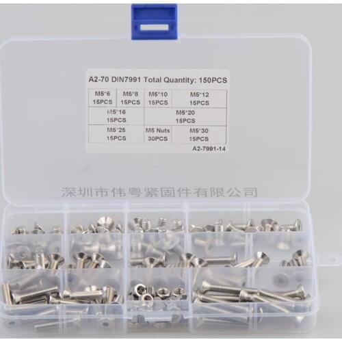 150pcs M5 mm flat head countersunk head grade 10.9 Alloy Steel Hex Socket Head Cap Screw DIN7991 Screws