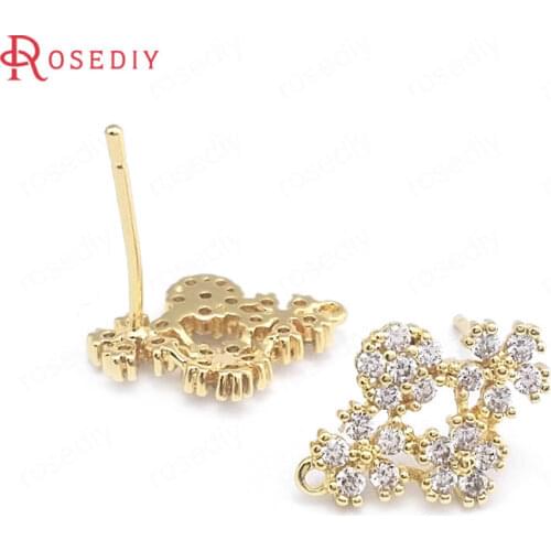 40416)4PCS 24K Gold Color Brass and Zircon Flower Stud Earrings Pins Earrings Jewelry Making Supplies Diy Findings Accessories