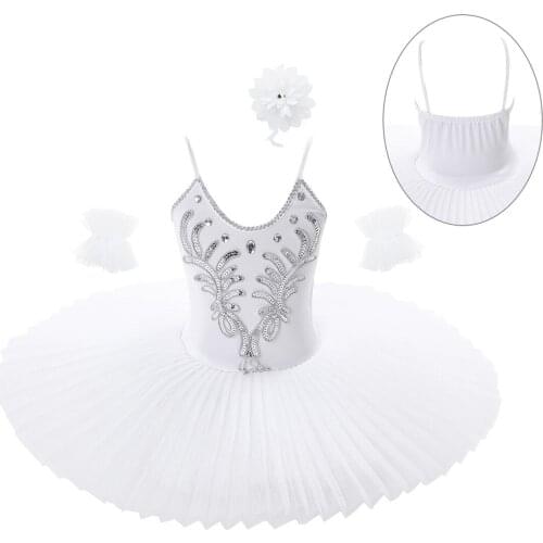 Girls Rhinestone Sequins Beads Ballet Gymnastic Leotard Tutu Dress Kids Dance Wear Childrens Day Performance Swan Dance Costume