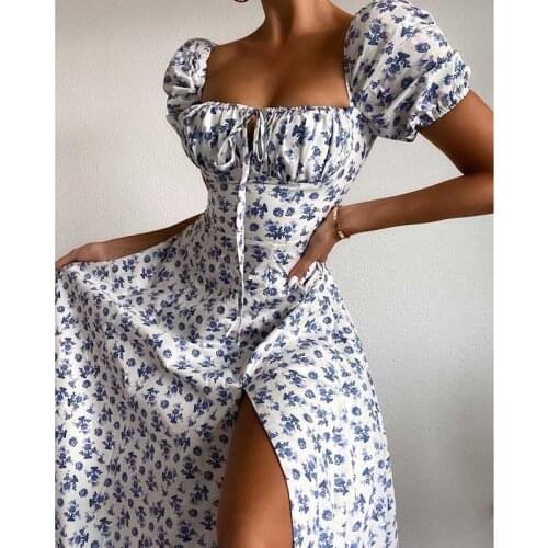 Boho Inspired BLUE WHITE FLORAL MIDI DRESS bodice puff sleeve sexy women dress slit side ladies dress elegant bodycon dress 2021
