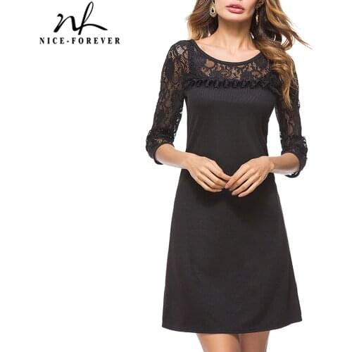 Nice-forever Elegant Black Lace Dresses Party Loose Straight Shift Women Dress T023