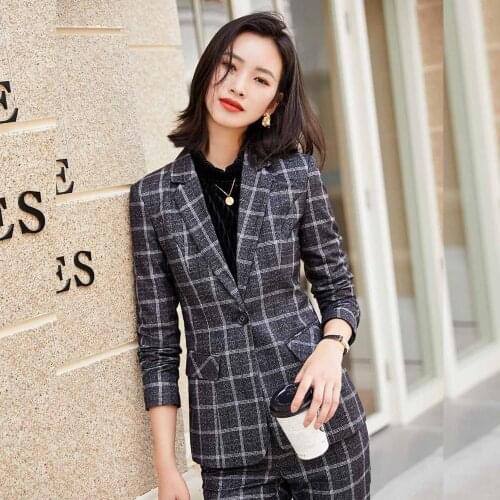 IZICFLY Autumn Winter High Quality Black Plaid Office Uniforms Ladies Suit with Pant Two Piece Professional Business Blazer Set