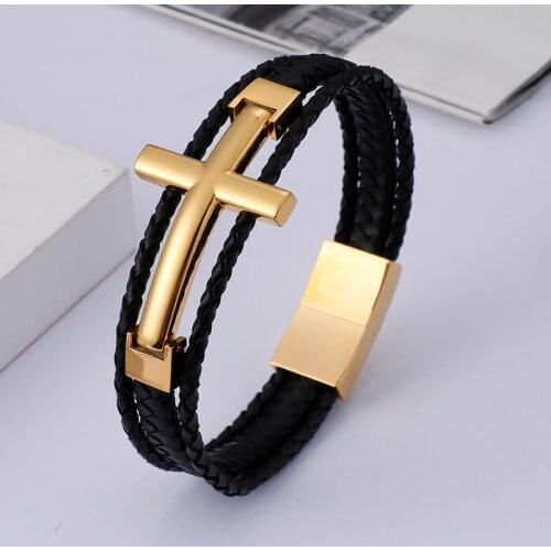 HAOLYNJOY Triple Layered Cowhide Leather Bracelet Men Stainless Steel Gold 22cm Cross Charm Armband Male Fashion Jewelry 2020