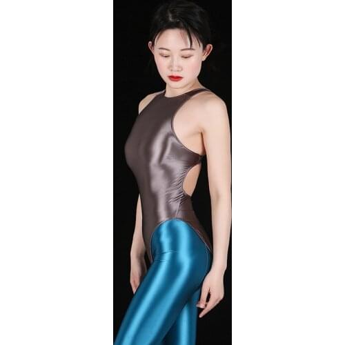 Sexy Women Oil Gloosy Hollow Out Bodysuit High Cut Sexy Tight Elastic Bodystocking Plus Size Bandage Candy Color Backless F31