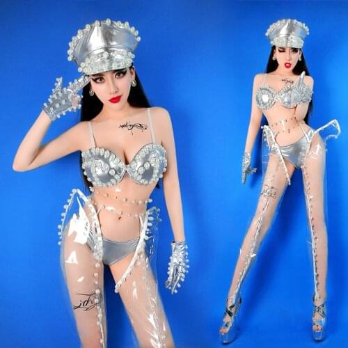 Silver Sexy Sequins Pearl DJ DS Costume Bar Singer Gogo jazz Nightclub Dance Costumes Stage Jazz bikini Performance Dance Wear