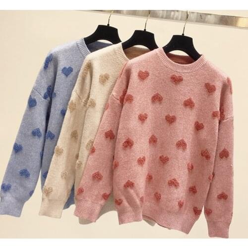 Love Pattern Round Neck Sweater Femal Fashion Lazy Wind Flocking Long Sleeve Loose Knit Bottoming Sweater Pullover Spring Autumn
