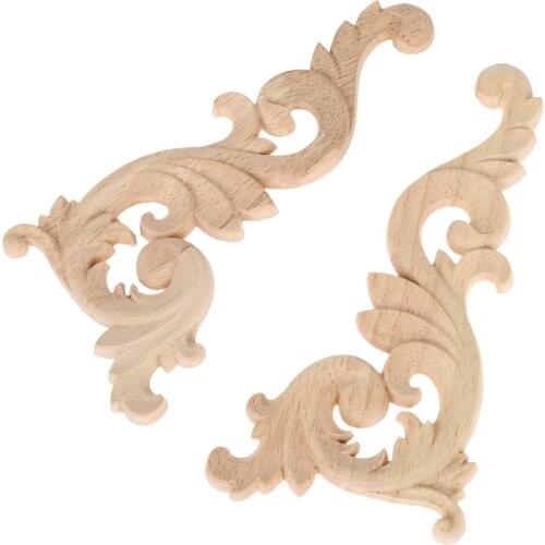 Left/ Right 15*8cm Unpainted Wooden Carved Decal Corner Woodcarving Onlay Applique Flower Furniture Cabinet Box Doors Decoration