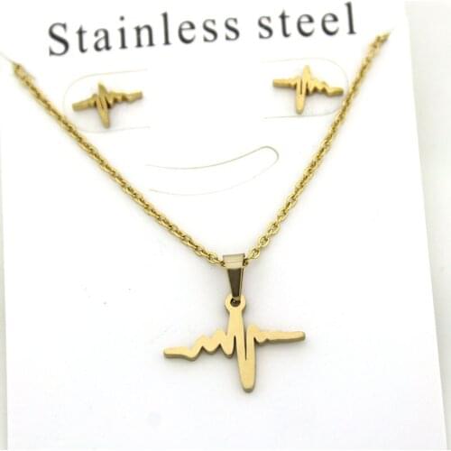 1 Set Gold Color Stainless Steel Jewelry Set ECG Heart Beat Charm Wave Necklace Earrings Jewellry Set Women Girls Gifts
